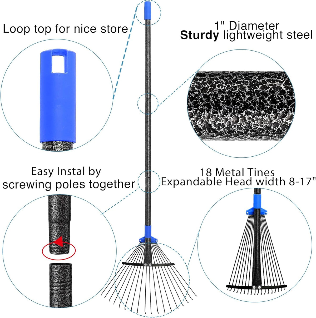 Adjustable Metal Leaf Rake Long Handle, Garden Rakes for Lawns Heavy Duty Leaves with Expandable Head 8-17", Yard Women Kids Rake for Gardening RV