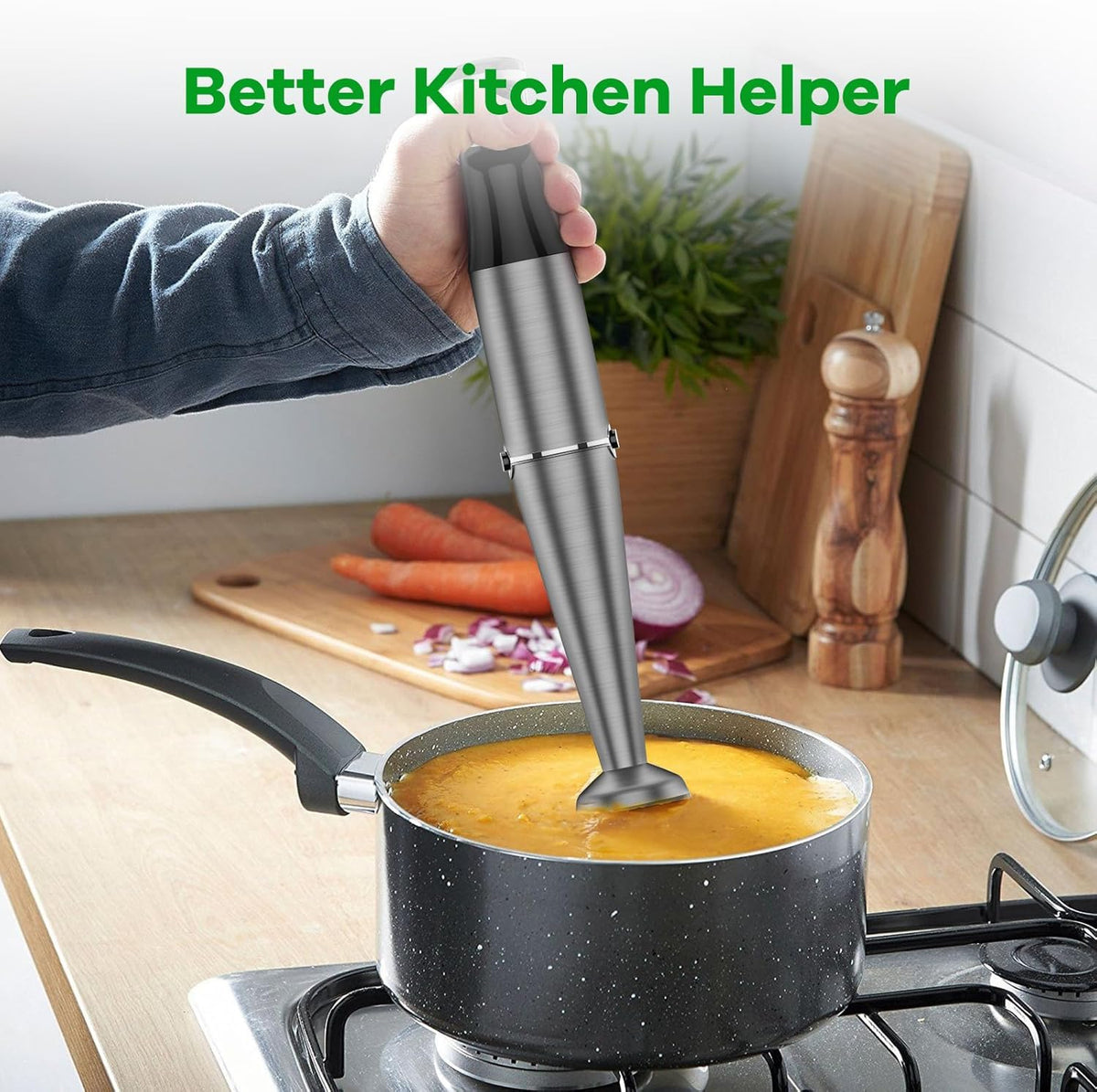 Immersion Blender Handheld Corded Hand Blenders Set 1100W, Trigger Variable Speed 5 in 1 Stick Emulsifier with Chopper, Whisk and Frother for Soup