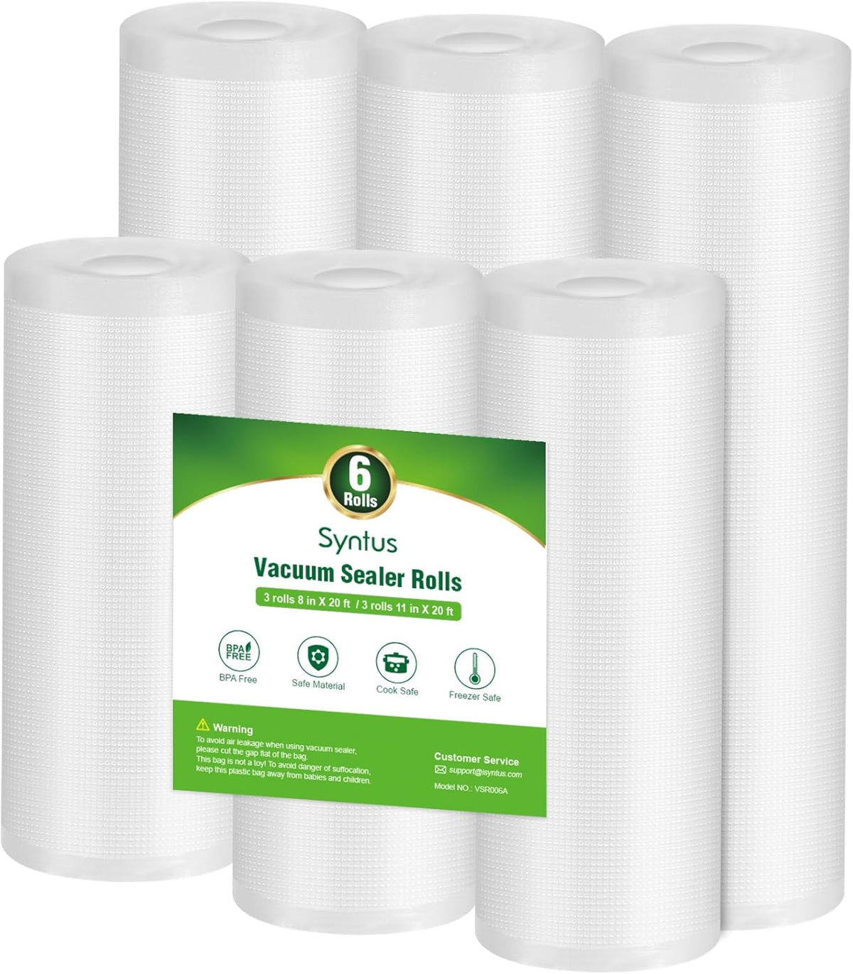 Syntus Vacuum Sealer Bags, 6 Pack 3 Rolls 11" x 20' and 3 Rolls 8" x 20' Commercial Grade BPA Free Bag Rolls, Food Vac Bags for Storage, Meal Prep or