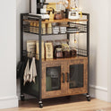 Coffee Bar Cabinet, 3 Tier Coffee Station Table on Wheels, 35.9" H Bar Cart with Wire Basket Drawer & 5 Hooks for Home Kitchen, Liquor Buffet