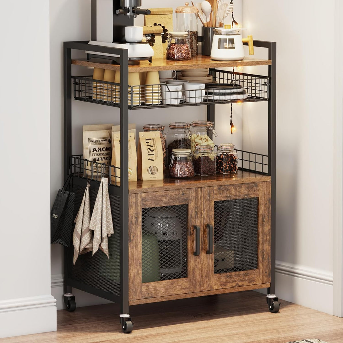 Coffee Bar Cabinet, 3 Tier Coffee Station Table on Wheels, 35.9" H Bar Cart with Wire Basket Drawer & 5 Hooks for Home Kitchen, Liquor Buffet