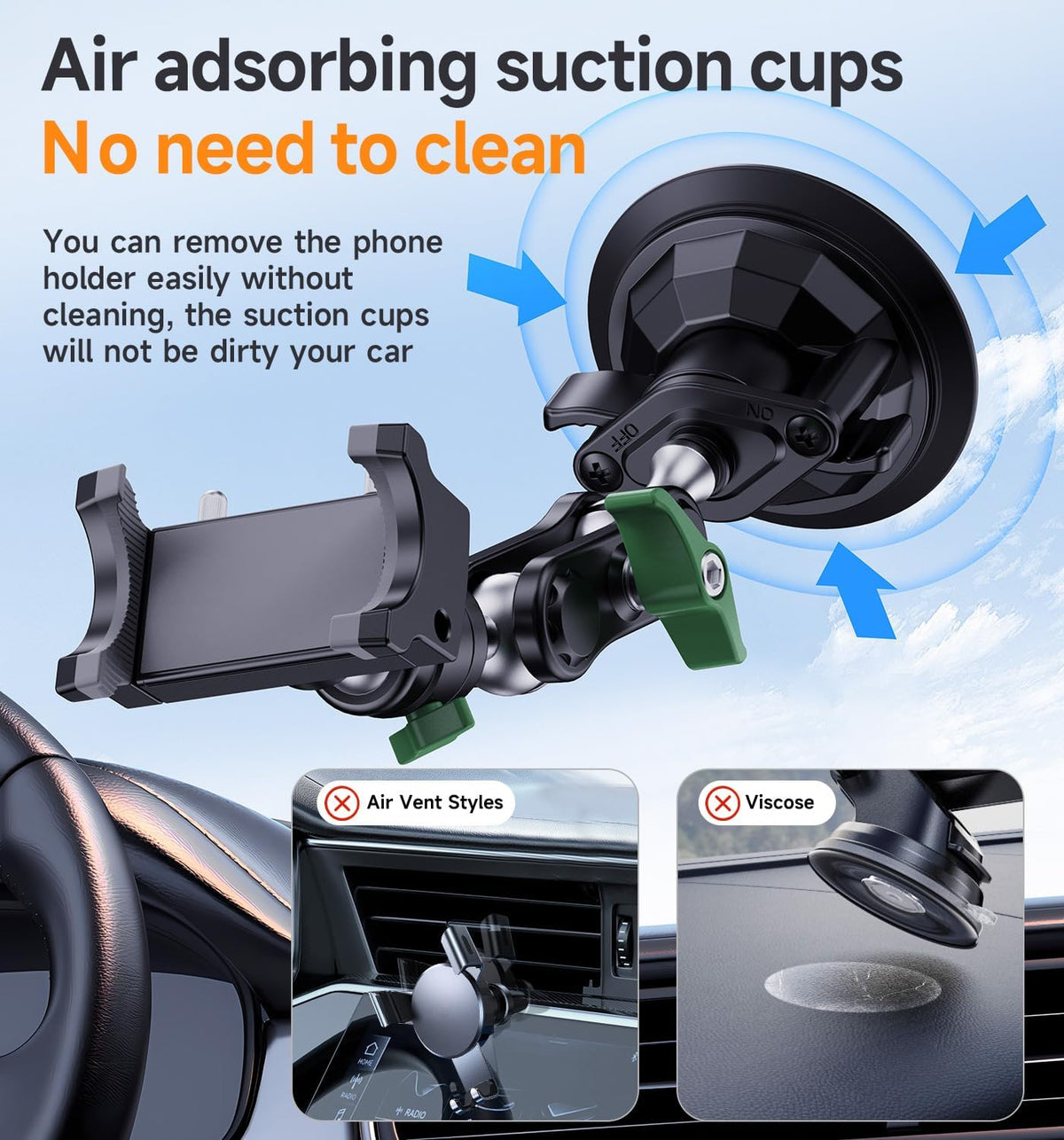 MAGIC JOHN Car Phone Holder, Ultra-Durable Mteal Phone Holders for Your Car, 360° Rotation Cell Phone Car Mount for Windshield, Suction Cup Car Phone