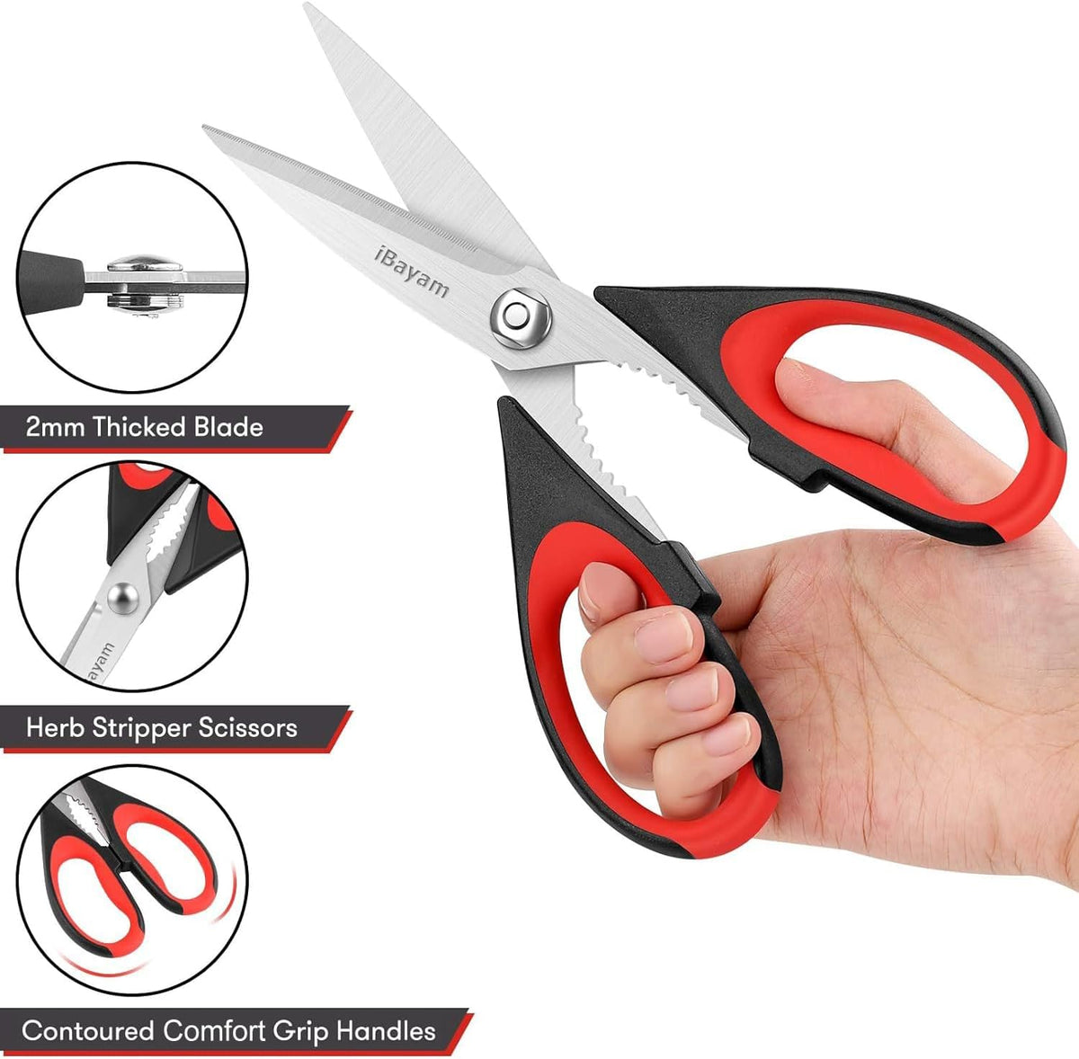 iBayam 3-Pack 8.5"Kitchen Scissors All Purpose Heavy Duty with Protective Sheath, Soft Grip Comfort Handle, Dishwasher Safe Kitchen Utensils Gadgets