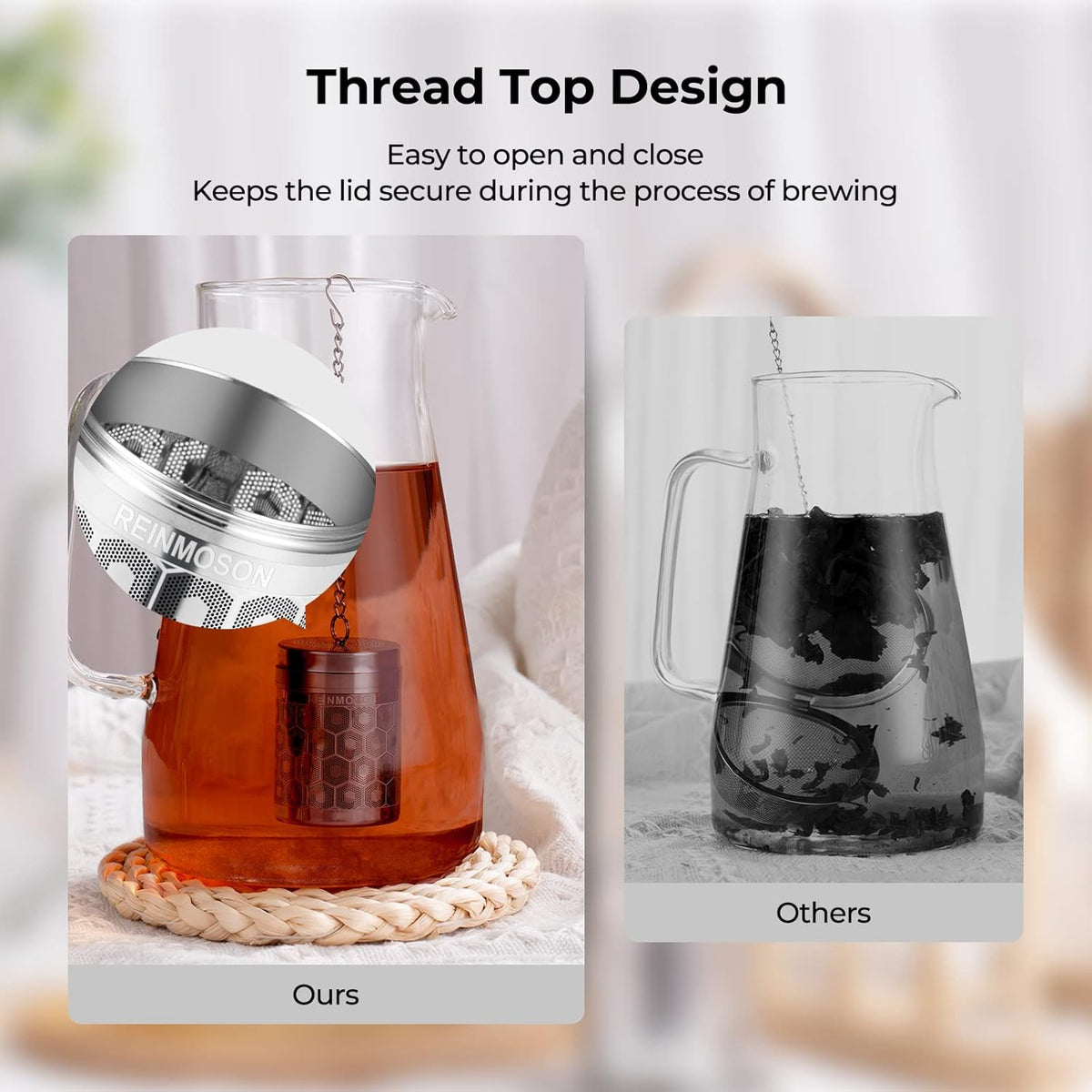 Reinmoson Tea Strainers for Loose Tea, Extra Fine Mesh Tea Infuser, 304 Stainless Steel & Updated Slim Threaded Lid, Loose Leaf Tea Steeper for Black