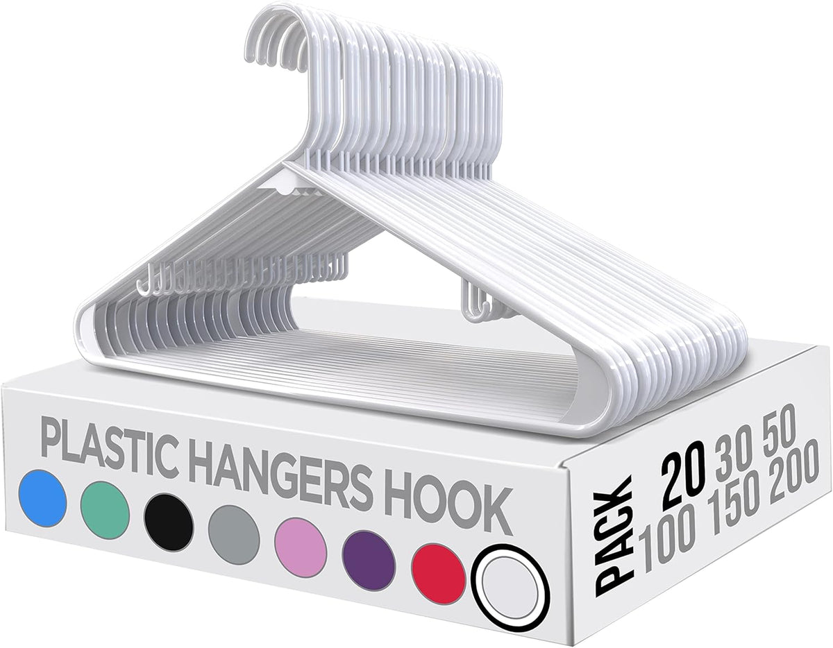Utopia Home Plastic Hangers 20 Pack - Space Saving Clothes Hanger - Durable & Strong Closet Organizers and Storage with Built-in Strap Hooks