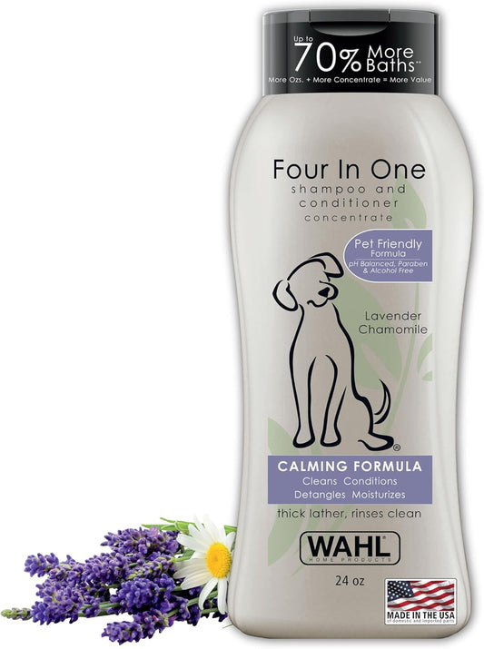 Wahl USA 4-in-1 Calming Dog Shampoo with Lavender Chamomile Scent – Cleans, Conditions, Detangles, & Moisturizes - Pet Friendly Formula - 24 Oz