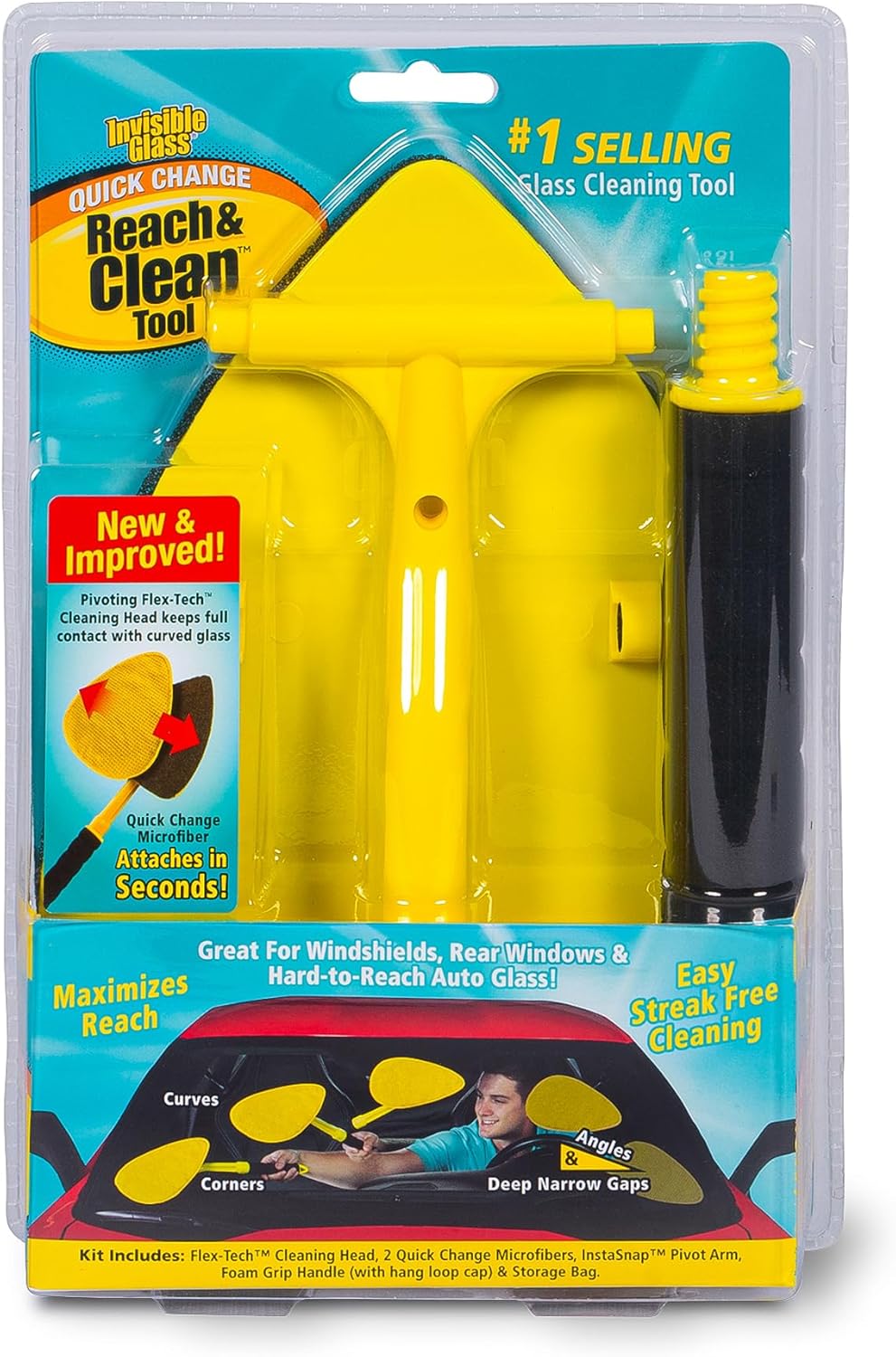 Invisible Glass 95160 Reach & Clean Glass Windshield Cleaner Tool Kit With Extendable Handle, (2) Reusable Quick Change Microfibers, and Storage Bag