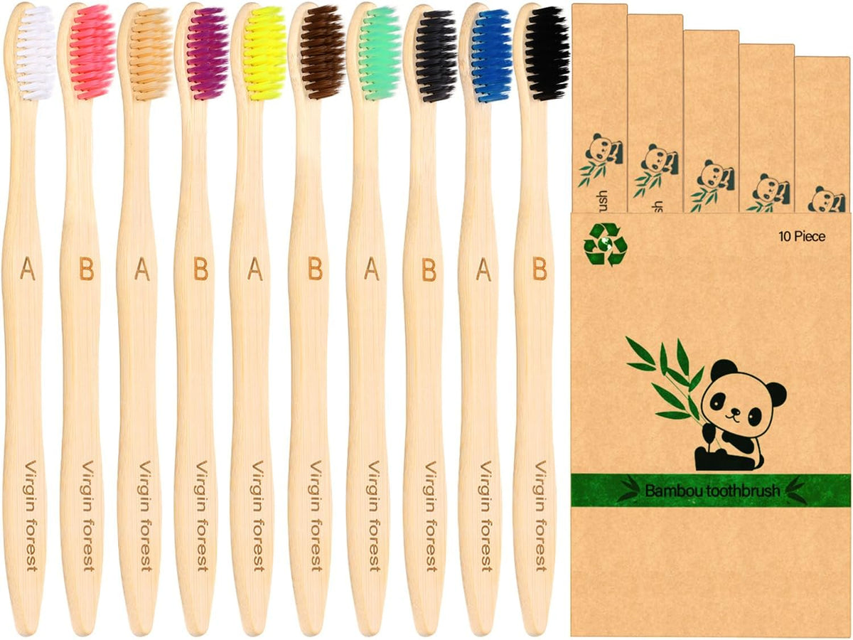 Virgin Forest 10 Count Bamboo Toothbrush, Soft Bristle for Adults, Eco Friendly Natural Wooden Toothbrushes, Vegan Organic Bamboo Travel Tooth Brush