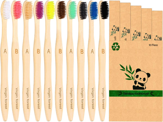 Virgin Forest 10 Count Bamboo Toothbrush, Soft Bristle for Adults, Eco Friendly Natural Wooden Toothbrushes, Vegan Organic Bamboo Travel Tooth Brush