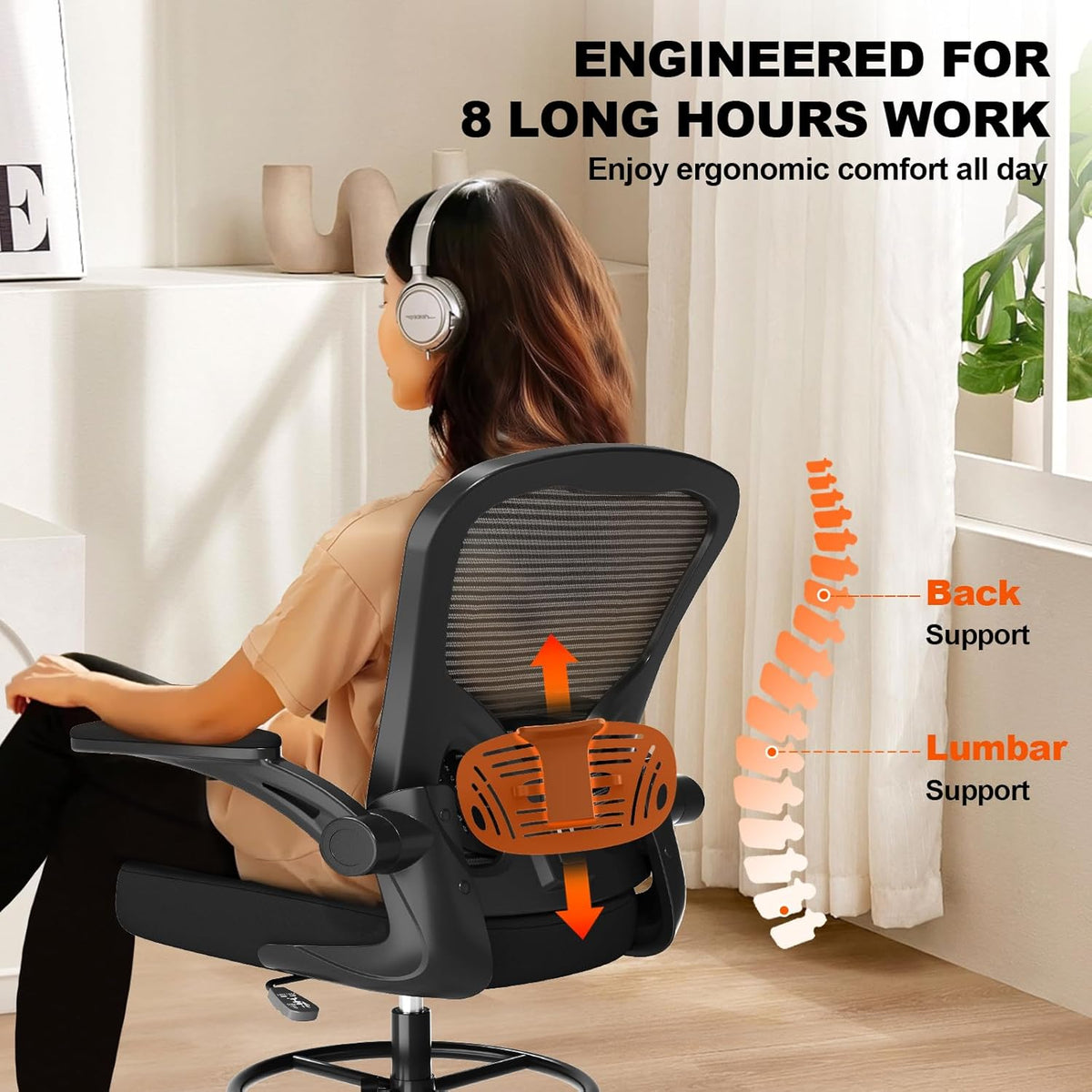 Ergonomic Drafting Chair, Tall Office Chair with Flip-up Armrests, Breathable Mesh High Desk Chair with Lumbar Support Adjustable Footrest Ring for