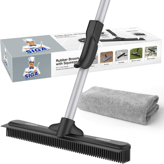 MR.SIGA Pet Hair Removal Rubber Broom with Built in Squeegee, 3 in 1 Floor Brush for Carpet, 61 inch Adjustable Handle, Includes 1 Microfiber Cloth