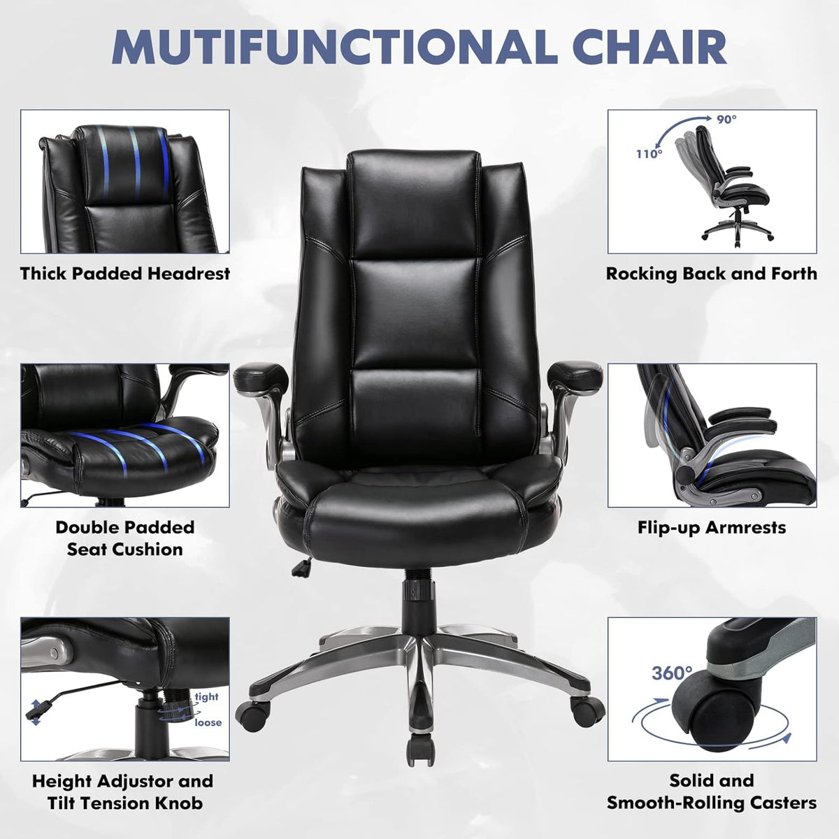 COLAMY Leather Executive Office Chair - High Back Home Computer Desk Chair with Padded Flip-up Arms, Adjustable Tilt Lock, Swivel Rolling Ergonomic