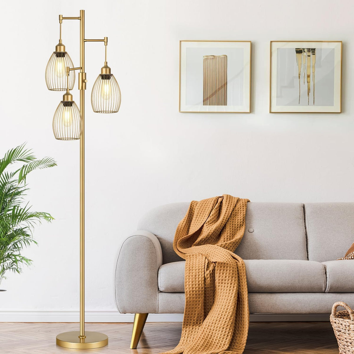 Dimmable Floor Lamp, Industrial Floor Lamps for Living Room, Gold Tree Lamp Standing Lamp Tall Lamps with 3 Elegant Teardrop Cage Head & 800 Lumens