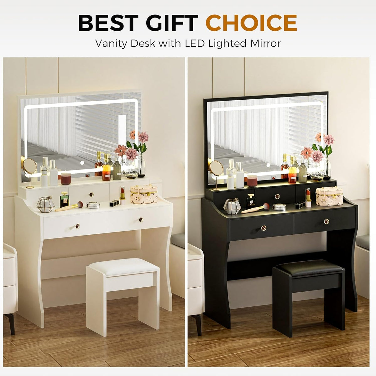 COMHOMA Makeup Vanity Desk with Mirror and Lights, Vanity Table and Chair Set with 5 Drawers and Charging Station, Bedroom Dresser LED Mirror