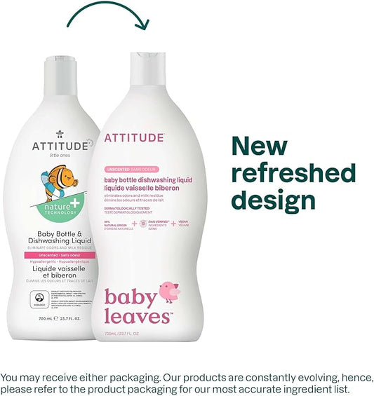 ATTITUDE Baby Dish Soap and Bottle Cleaner, EWG Verified Dishwashing Liquid, No Added Dyes or Fragrances, Tough on Milk Residue and Grease, Vegan