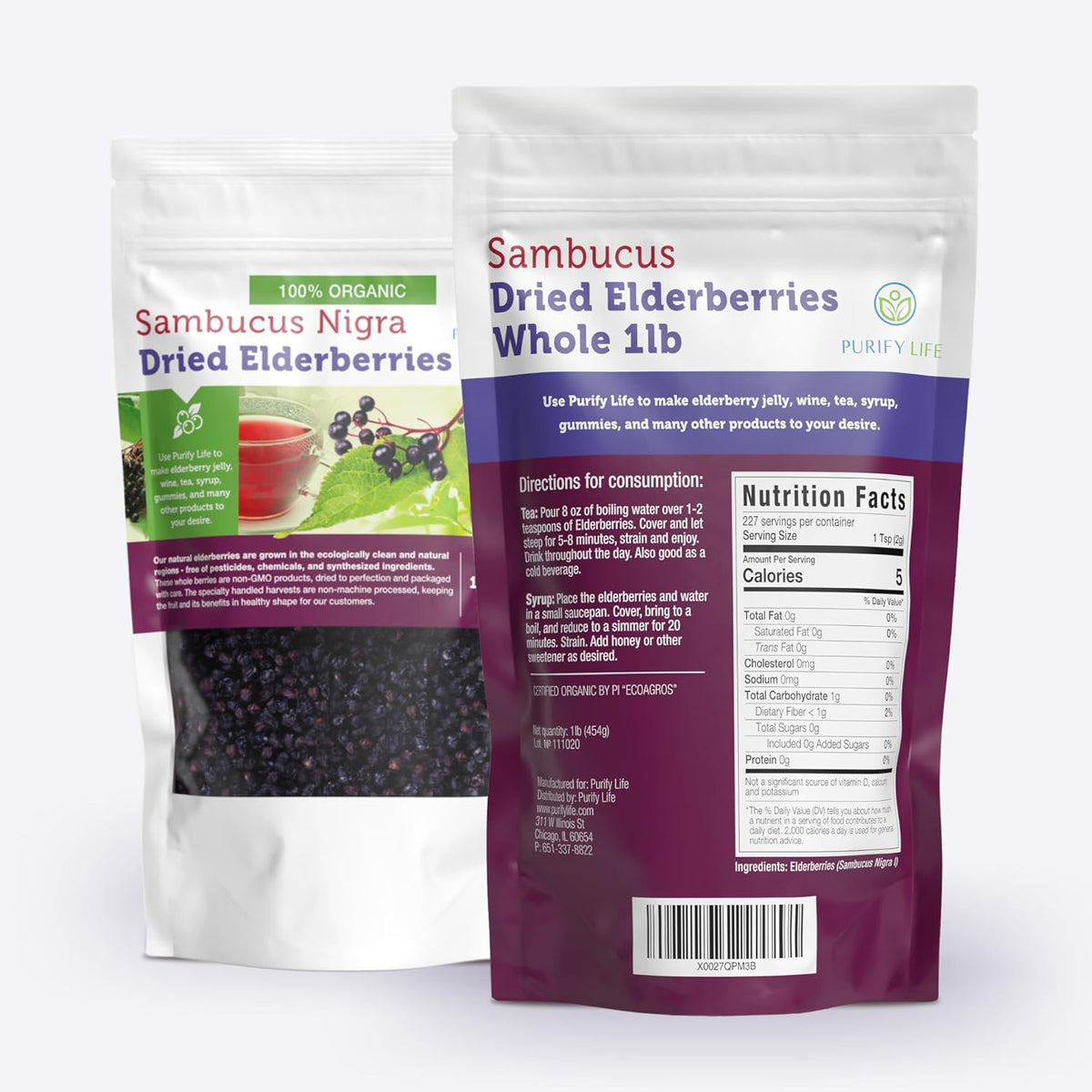 Certified USDA - 100% Organic Dried Elderberries - 1lb Bulk - Non-Irradiated, Non-Gmo, Whole Black Elderberry Immune Support For Making Elder Syrup