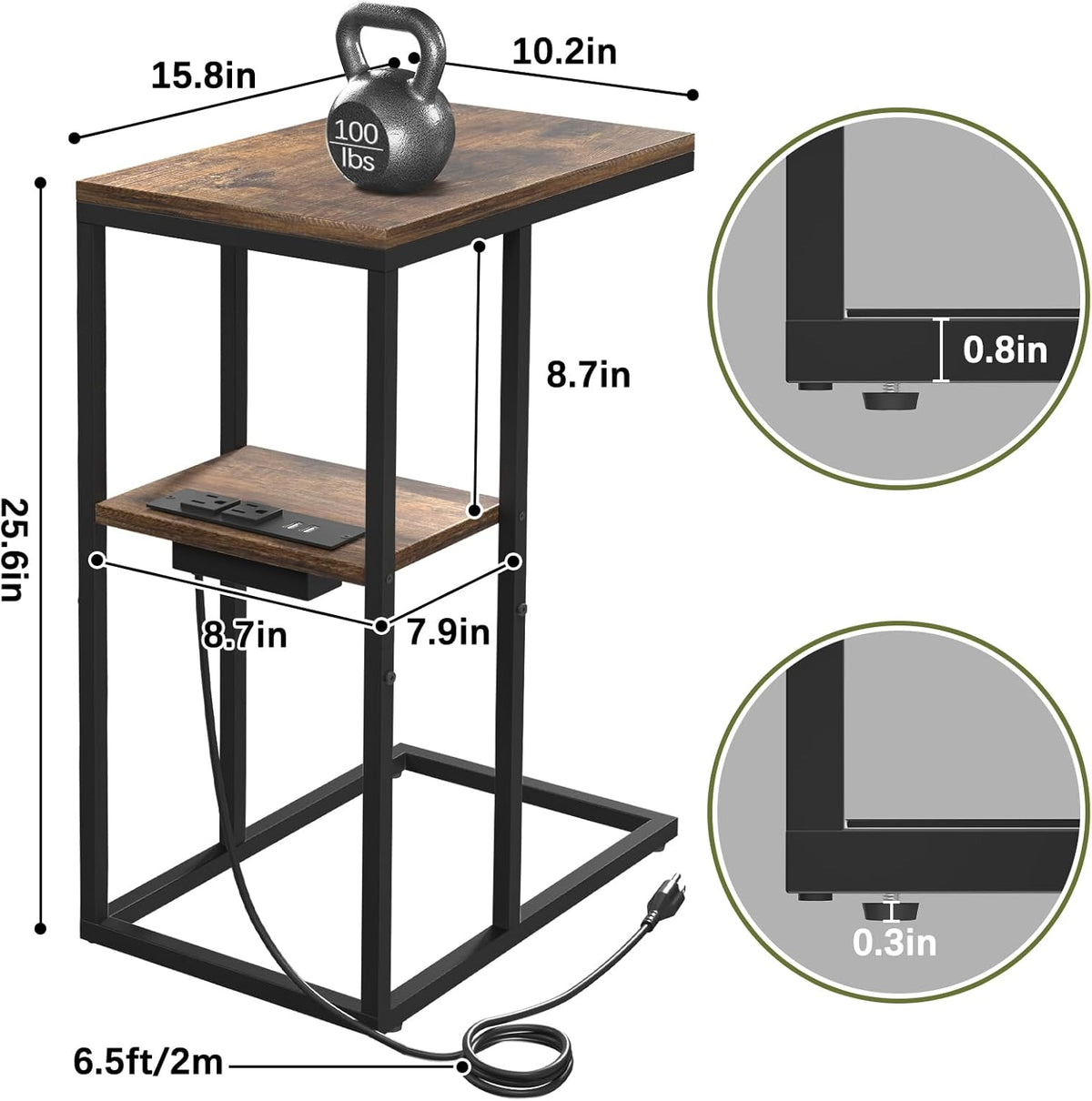 Yoobure C Shaped End Table with Charging Station, Small Side Table for Sofa，26" Tall Tv Tray Couch Table with Storage,Bedside Table with USB Ports
