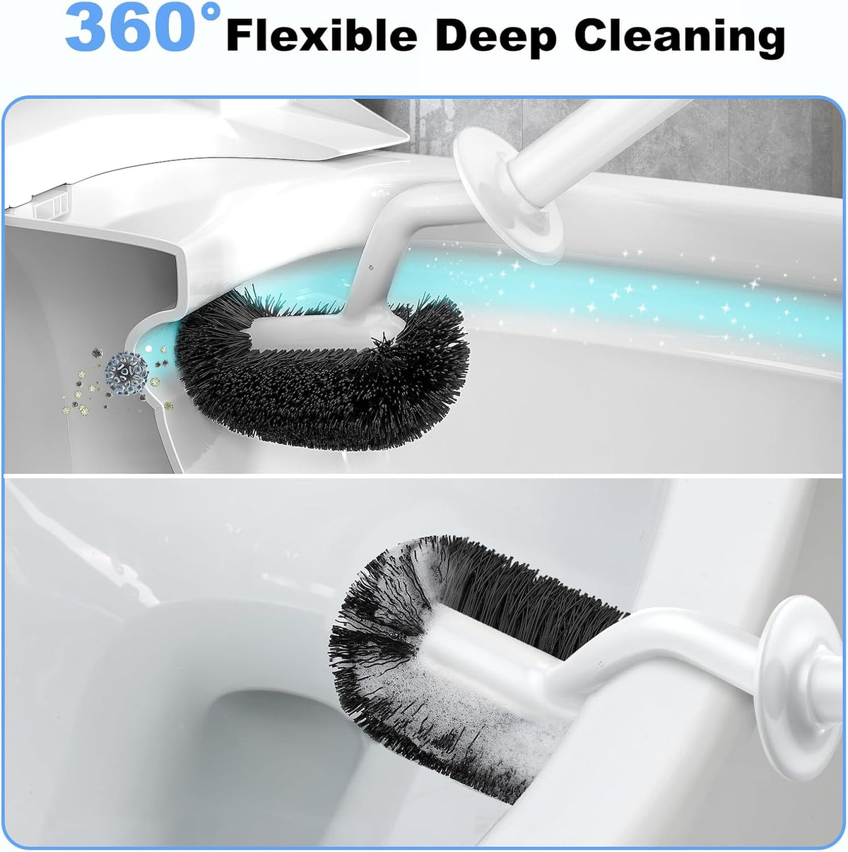 HAMITOR Toilet Bowl Brush Holder Set: Curved Design with Holder for Deep Cleaning Under Rim - Compact Hidden Scrubber for Small Space - Modern RV