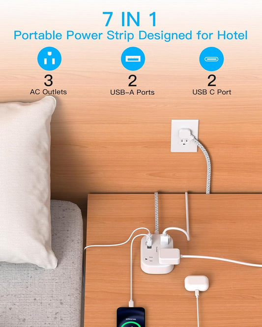 Cruise Essentials 2025,One Beat Travel Power Strip with USB C,Flat Plug Extension Cord with 3 Outlets 4 USB Ports(2 USB C),5 ft Desk Wall Outlet