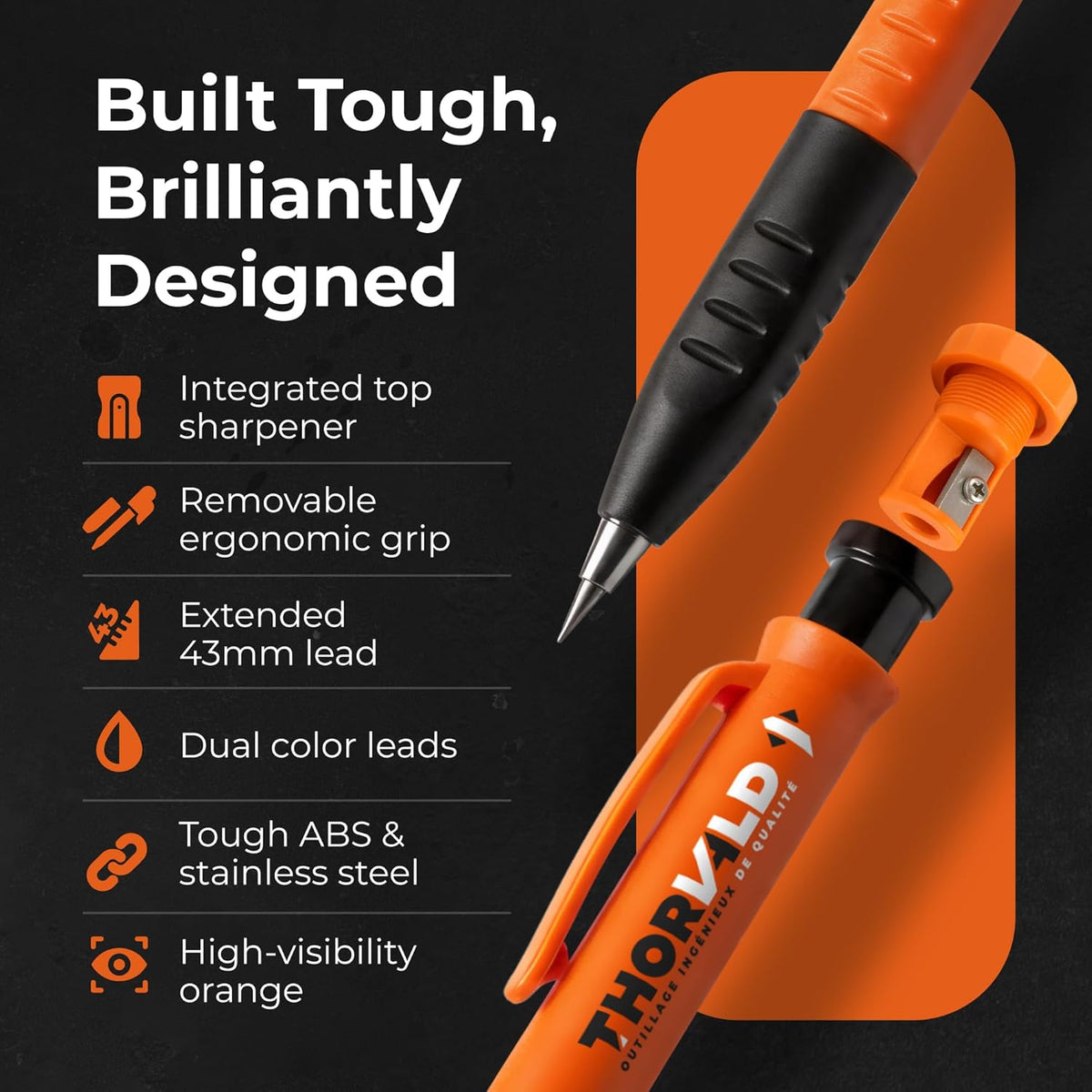 THORVALD New 3-in-1 Carpenter Pencils with Finger Grip for Construction - Incl. 7 Leads + Sharpener - Solid Mechanical Pencils with Fine Point/Best