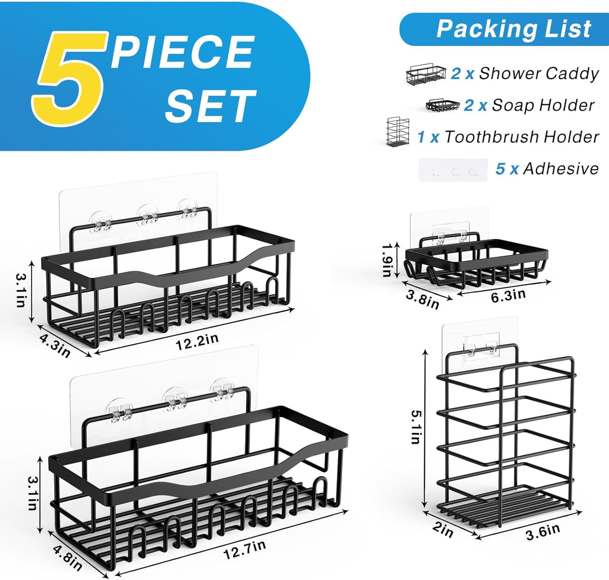 5-Pack Rustproof Stainless Steel Shower Caddy Set– No Drill Adhesive Bathroom Organizer, Space-Saving Shower Shelves for Apartment Essentials