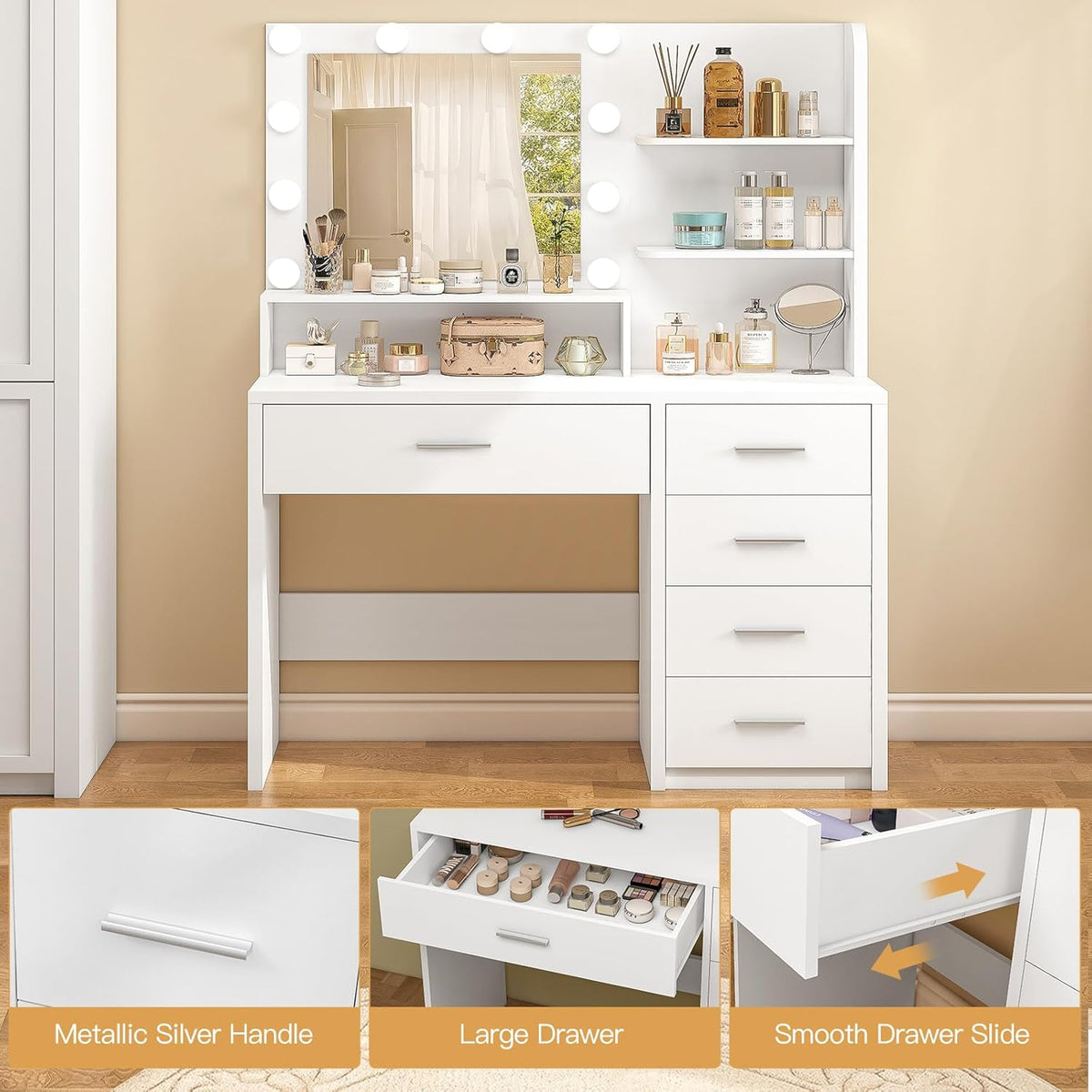 Quimoo Vanity Desk with Mirror & Lights, Makeup Vanity with 5 Drawers & Storage Shelves, White Vanity Table, 3 Color Modes & Adjustable Brightness