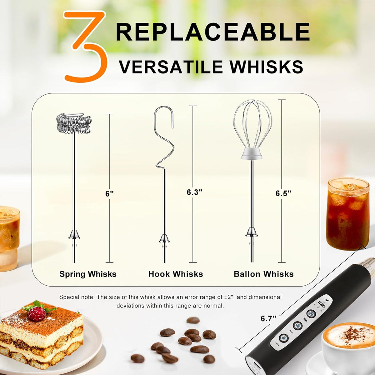 YUSWKO Black Handheld Milk Frother Wand for Coffee, Rechargeable Electric Whisk with 3 Heads 3 Speeds Drink Mixer Coffee Frother For Latte