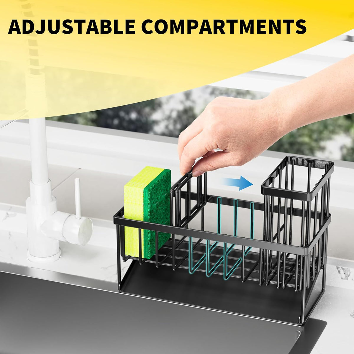 Cisily Kitchen Sink Caddy Organzier with High Brush Holder, Sponge Holder for Sink, 304 Rustproof Stainless, Kitchen Countertop Soap Dispenser