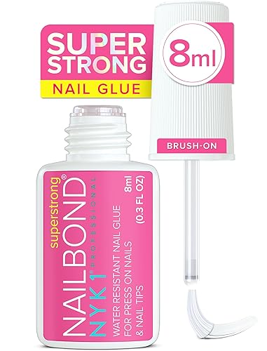 Super Strong Nail Glue for Press On Nails, Nail Tips & Acrylic Nails (8ml) NYK1 NailBond Brush On Glue for Press Ons, Tips & Acrylics - Long Lasting