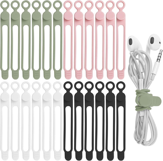 Nearockle 24Pcs Silicone Cable Straps Cord Organizer for Bundling Earphone, Phone Charger, Computer Cords, Reusable Cable Ties Wire Organizer in