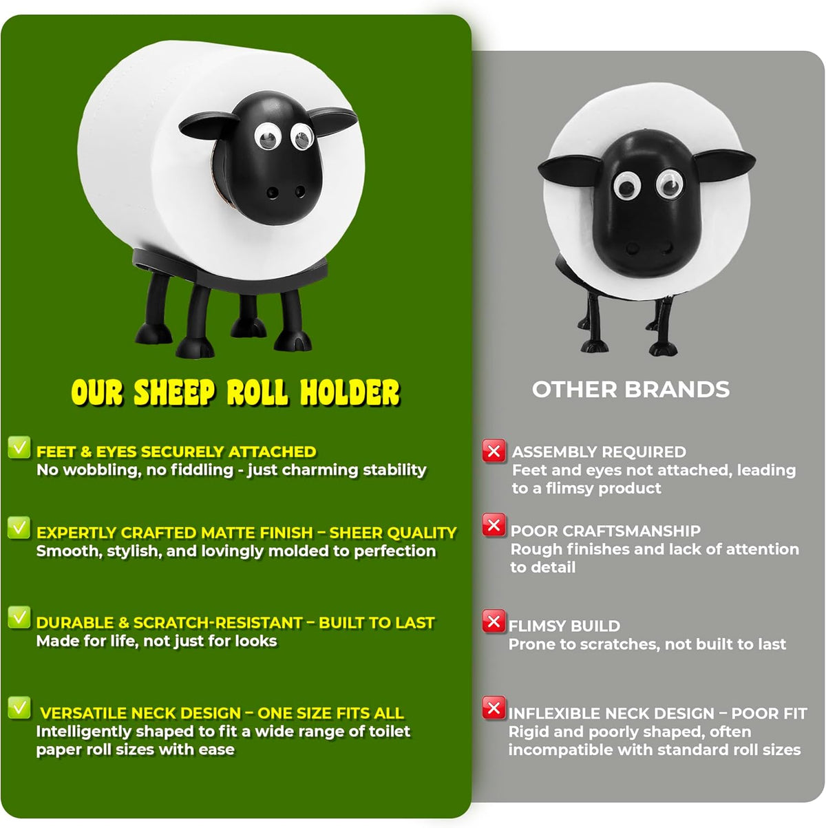 VELENTI Sheep Toilet Roll Holder, Free Standing Bathroom Set, 3D Printed, Funny Hilarious Black Sheep Loo Roll Holder, Tissue Paper Storage, Cute