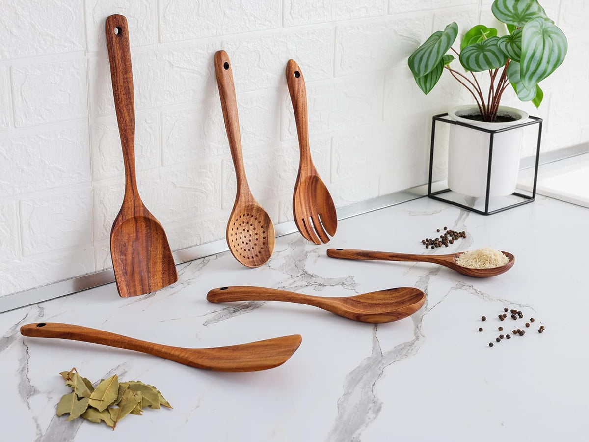 Zulay Kitchen 6-Piece Wooden Spoons for Cooking - Smooth Finish Teak Wood Utensils - Soft Comfort-Grip Cooking Wood Spoons Non-Stick Teak