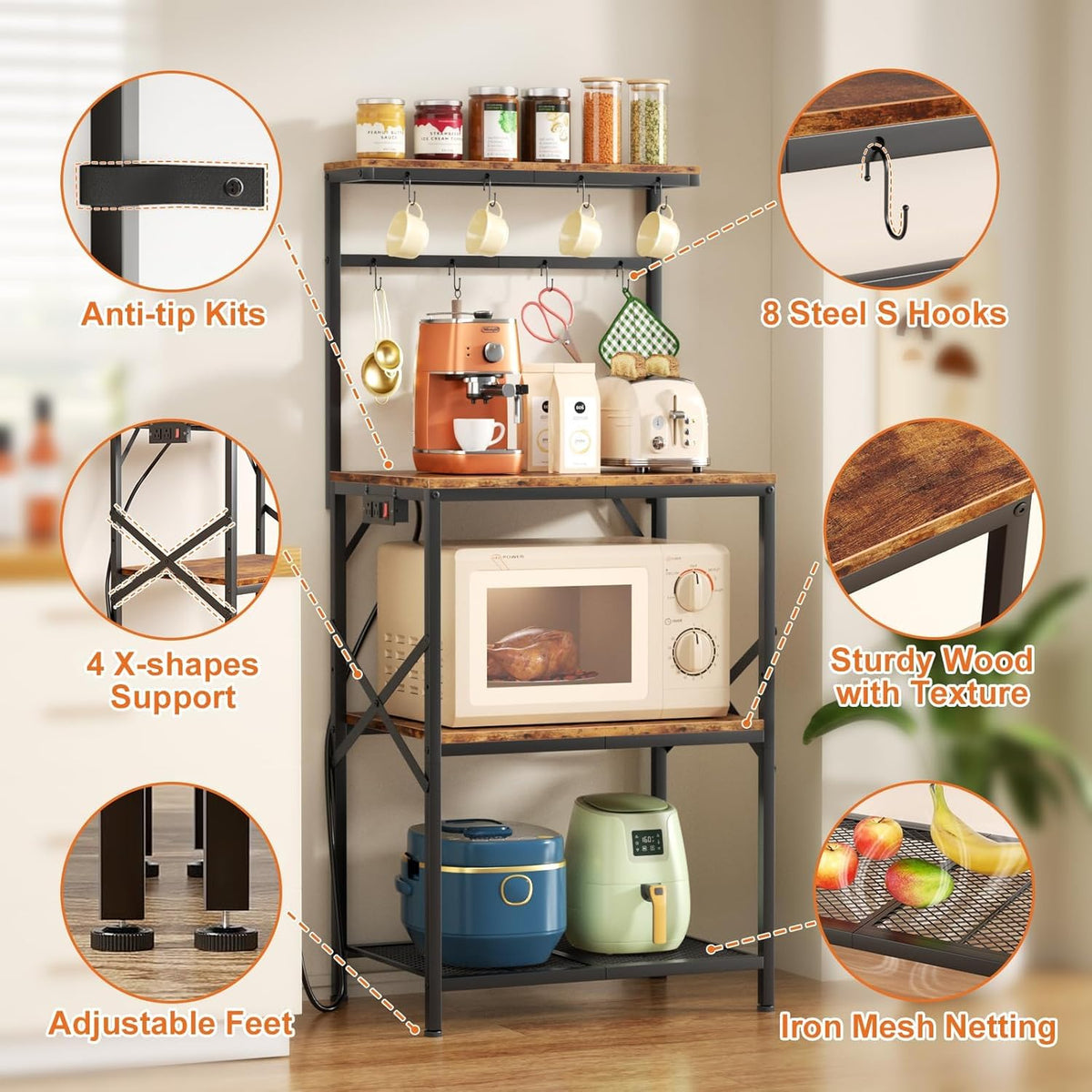 Kitchen Bakers Rack with Power Outlet, Small Coffee Bar Cart 4 Tiers, Microwave Stand Station with 8 S Hooks, Adjustable Shelf, Freestanding Kitchen