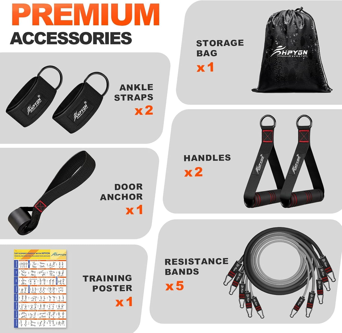 HPYGN Resistance Bands, Exercise Bands with Handles, Fitness Bands, Workout Bands with Door Anchor and Ankle Straps, for Heavy Resistance Training