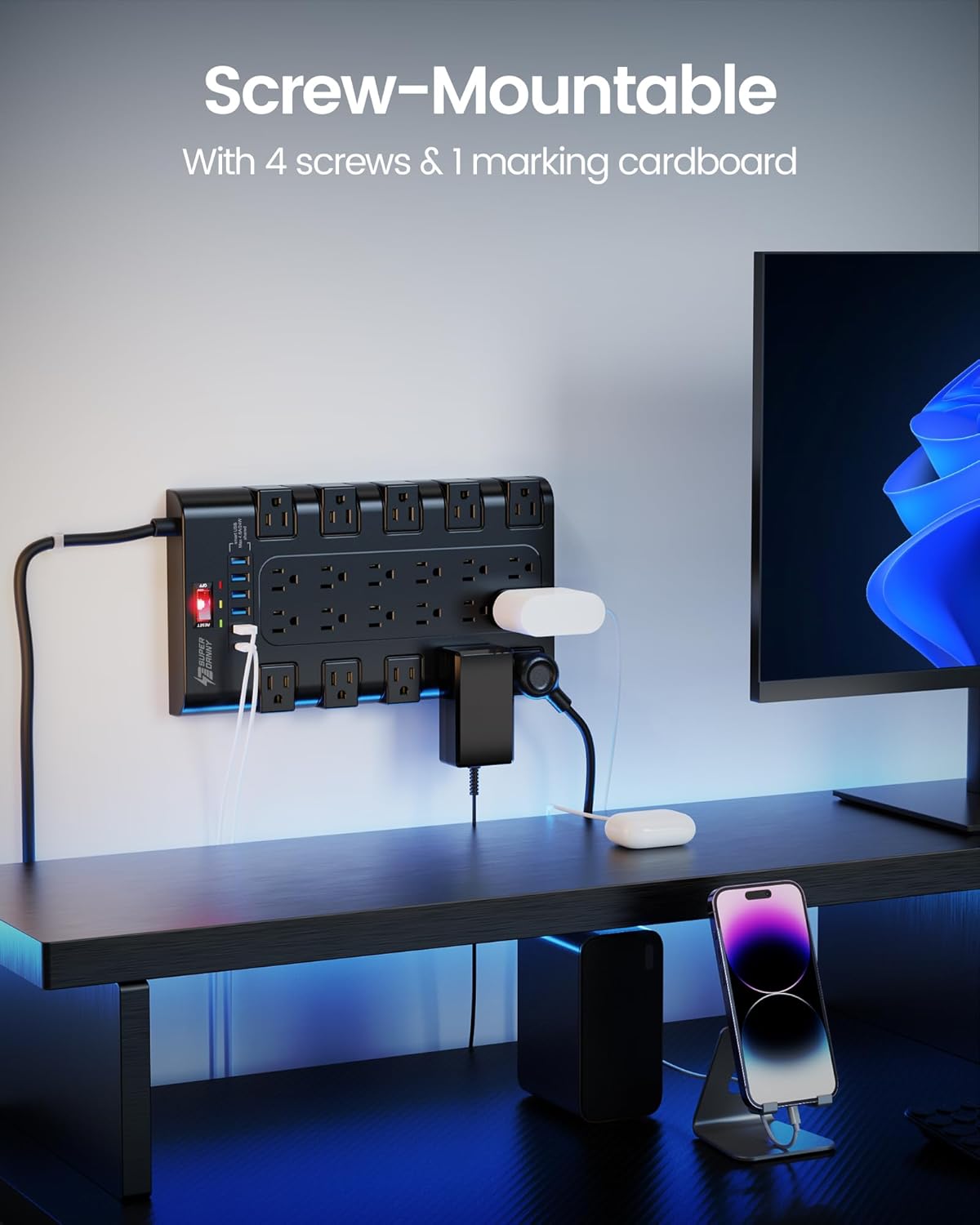 Power Strip, SUPERDANNY Surge Protector with 22 AC Outlets and 6 USB Charging Ports, 1875W/15A, 2100 Joules, 6.5Ft Flat Plug Heavy Duty Extension