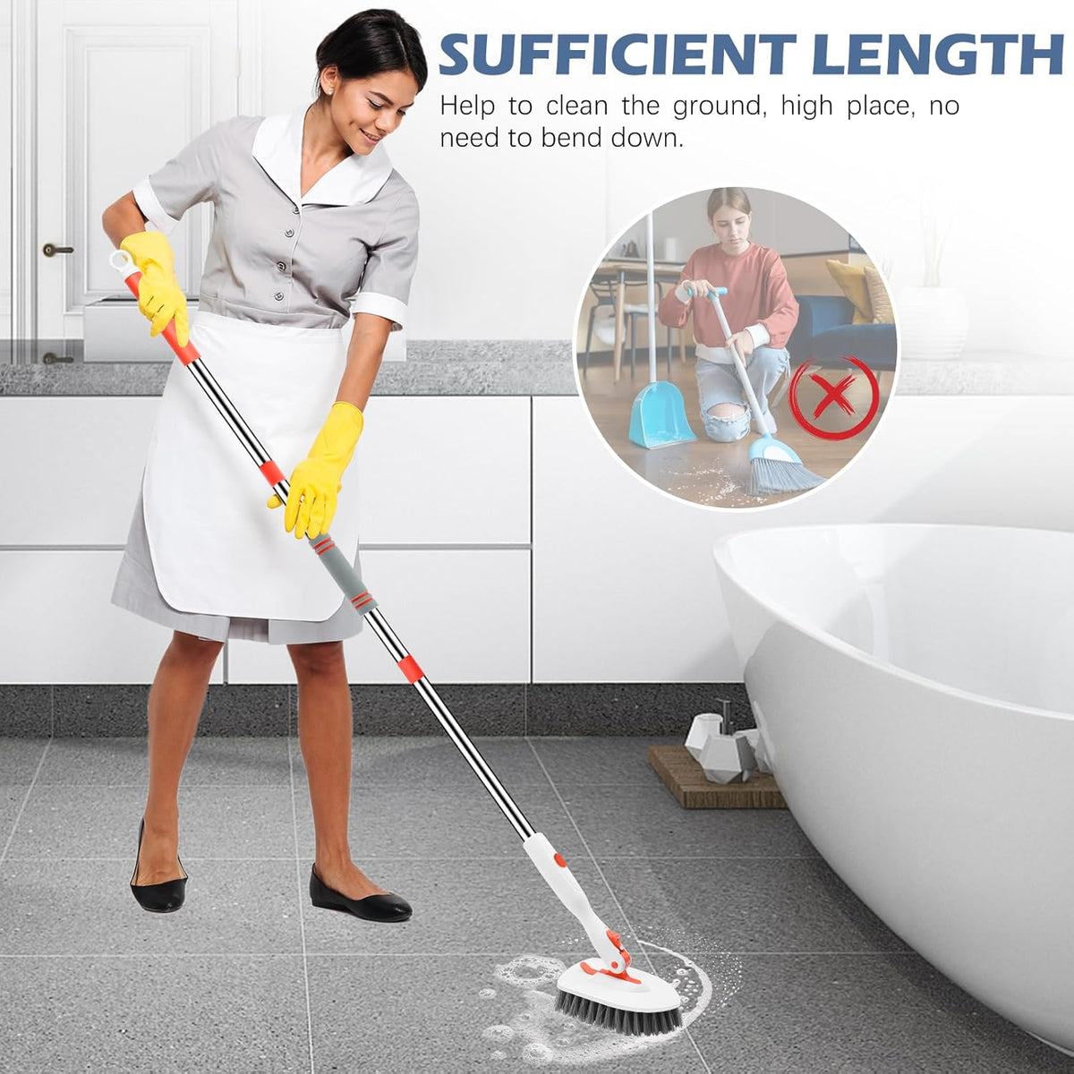 SetSail Floor Scrub Brush, 3-In-1 Tile Tub Floor Scrubber with 52-inch Adjustable Long Handle Shower Cleaner Brush and 3 Detachable Replacement Brush
