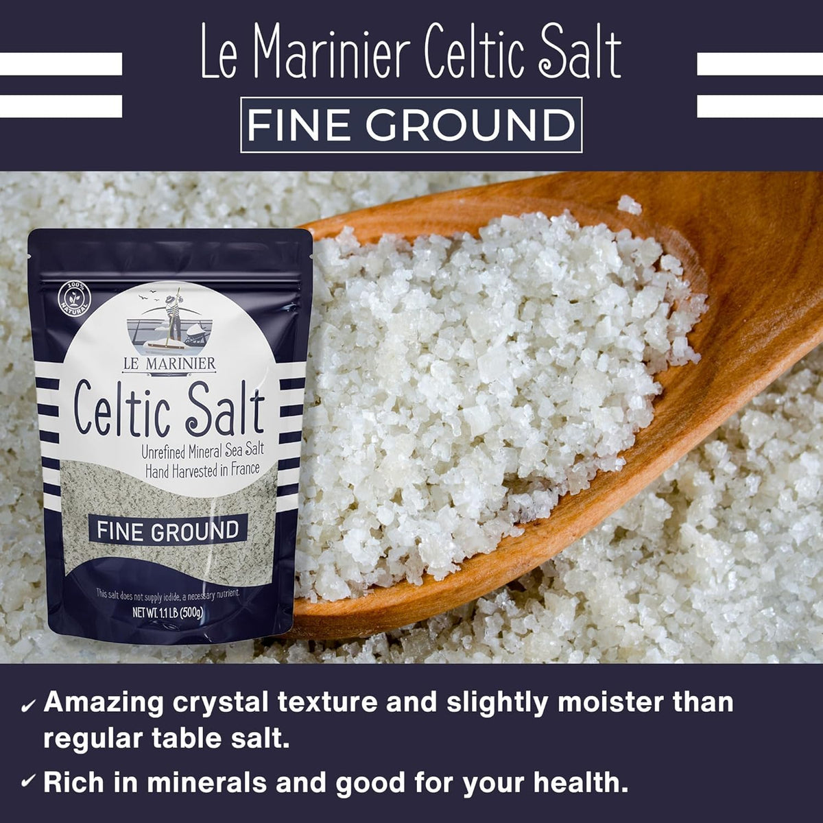 Le Marinier Celtic Salt Organic Fine Ground, 1.1lb - 18oz. Mineral Rich. 100% Natural and Unrefined. French Sea Salt Organic Vital Minerals. Hand