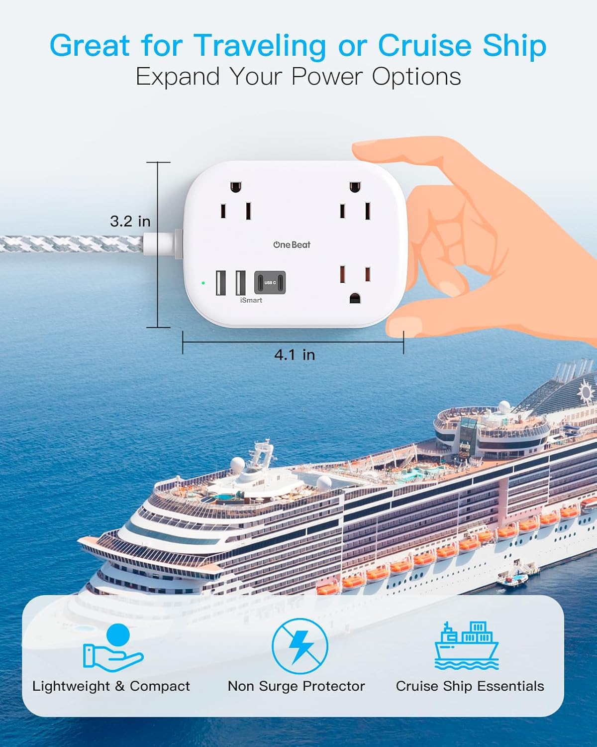 Cruise Essentials 2025,One Beat Travel Power Strip with USB C,Flat Plug Extension Cord with 3 Outlets 4 USB Ports(2 USB C),5 ft Desk Wall Outlet