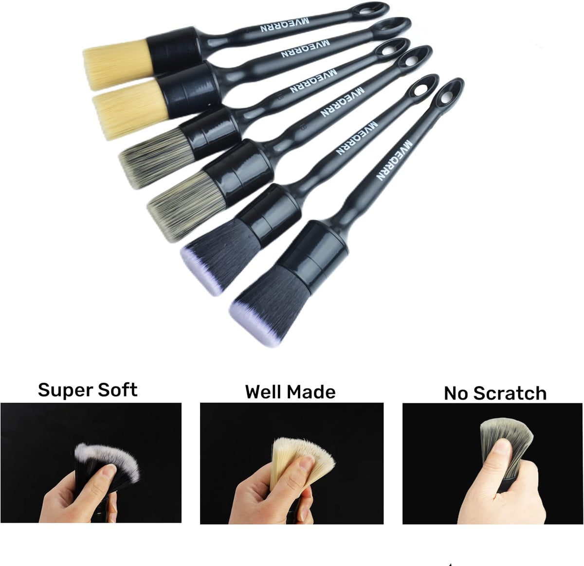 6pcs Car Detailing Brush Set-2pcs Boars Hair Car Detailing Brushes,2pcs Ultra Soft No Scratch Detailing Brush for Air Vent,Leather Seat 2pcs Detail