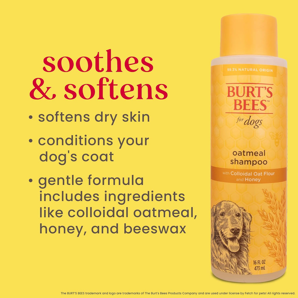 Burt's Bees for Pets Oatmeal Shampoo for Dogs with Colloidal Oat Flour and Honey - Skin Soothing Dog Oatmeal Shampoo, Moisturizing Dog Wash for Itchy