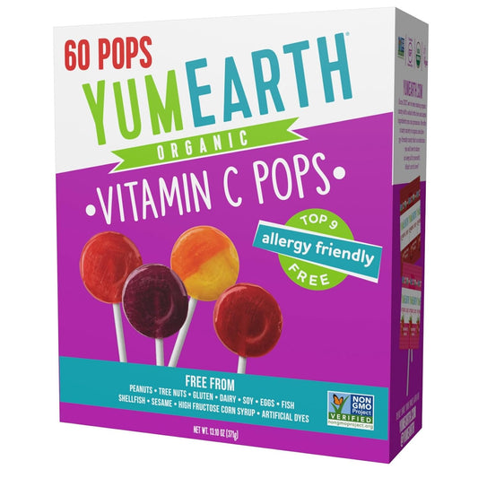 YumEarth Organic Vitamin C Pops Variety Pack, 60 Fruit Flavored Favorites Lollipops, Allergy Friendly, Gluten Free, Non-GMO, Vegan, No Artificial Dyes