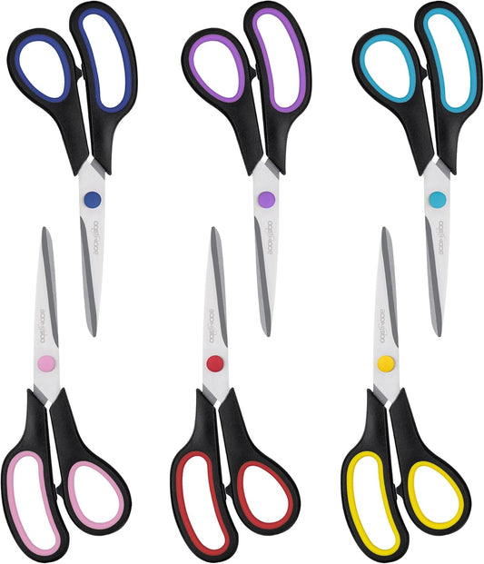 Scissors, BOOMIBOO 8" All Purpose 6 Pack - Comfort-Grip Scissors for Office Desk Accessories Sewing Fabric Home Craft School Supplies, Teacher/Class