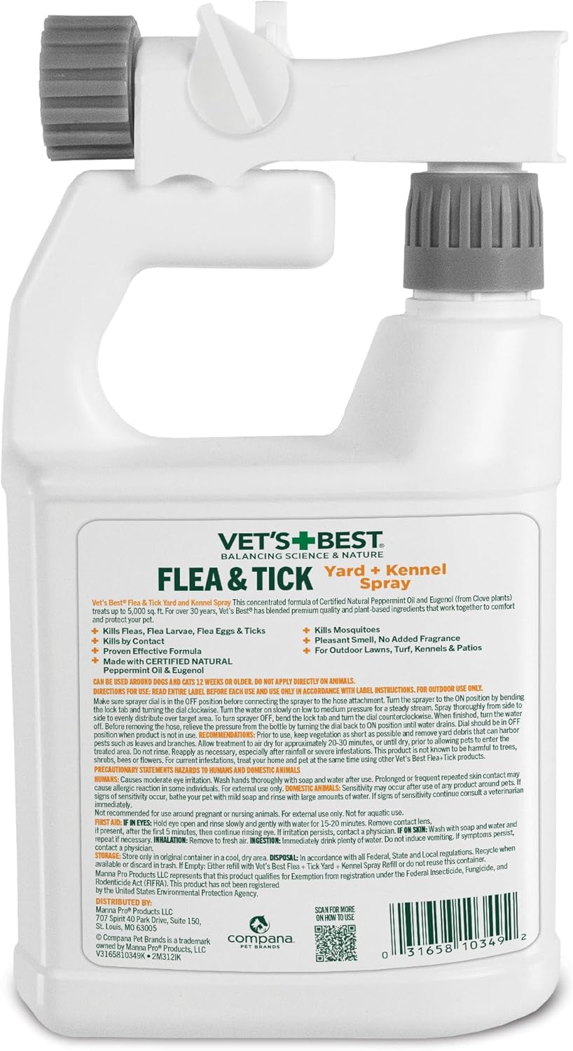 Vet's Best Natural Flea and Tick Yard and Dog Kennel Spray, Plant Safe Tick Spray for Yard with Ready-to-Use Hose Attachment, Mosquito Repellent