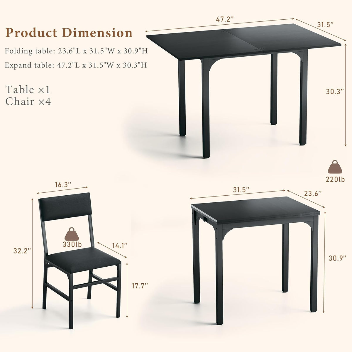 Dining Table Set for 4, Extendable Kitchen Table Cushion Chairs Set of 4, Rectangle Dining Table with Metal Frame & MDF Board, Folding for Small