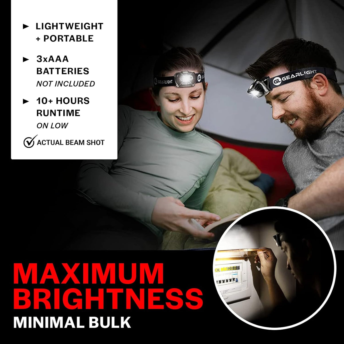 GearLight 2Pack LED Headlamp - Outdoor Camping Head Lamps with Adjustable Headband - Lightweight Battery Powered Bright Flashlight Headlight with 7