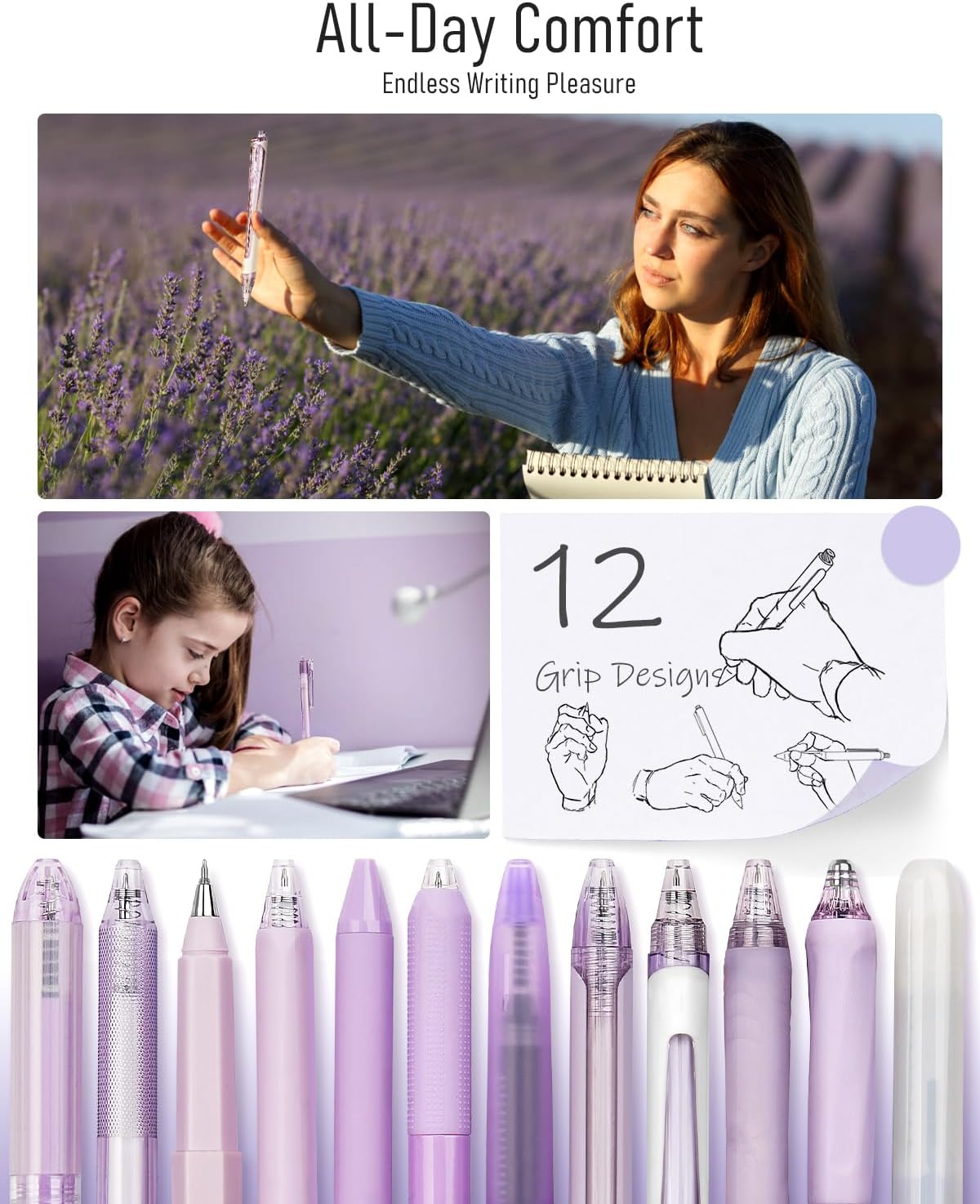 Four Candies Lavender Series Gel Pens, Black & Purple Ink Writing Pens with 0.5 mm Smooth Fine Point, School Office Stationery Supplies Desk