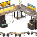 AODK 66" L Shaped Desk, 113" Computer Desk with File Cabinet & 4 Fabric Drawers, Home Office Desk with Monitor Shelf & Power Outlet, Two Person Desk