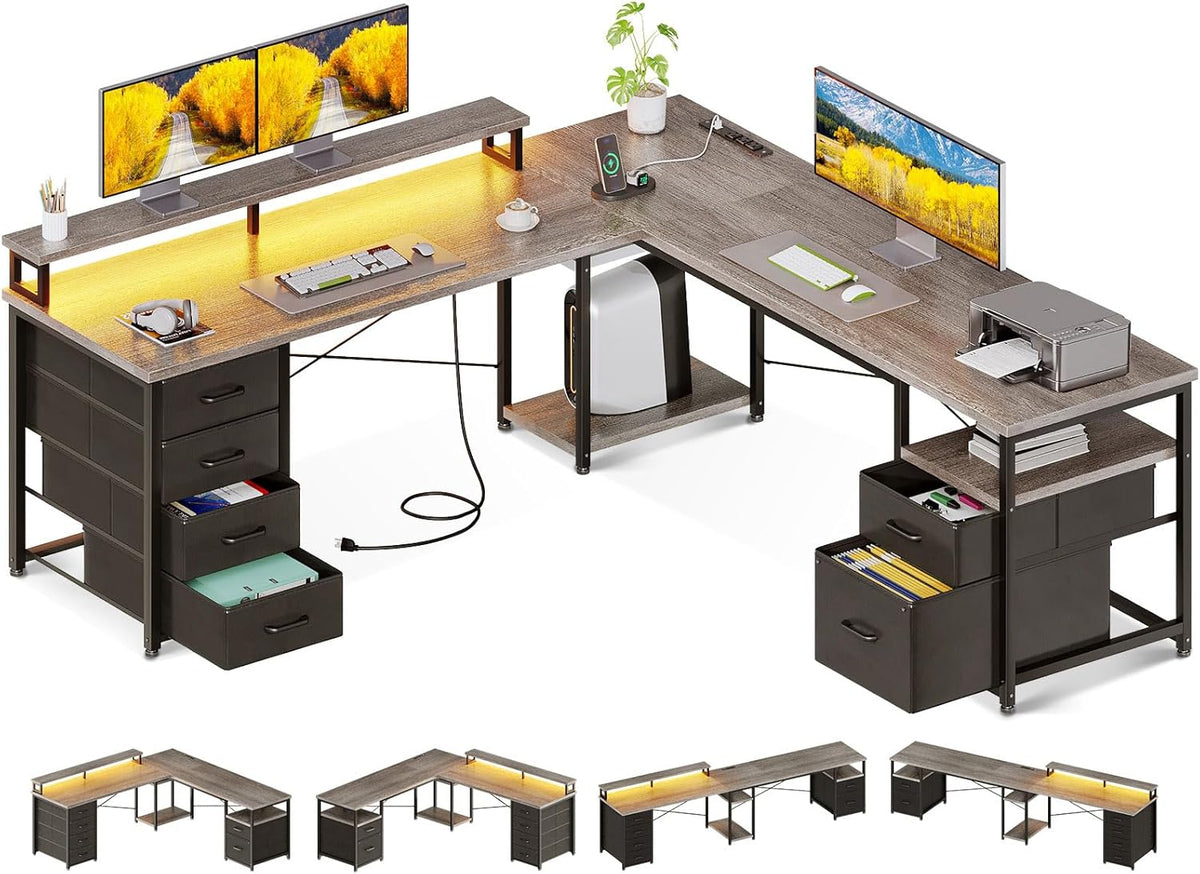 AODK 66" L Shaped Desk, 113" Computer Desk with File Cabinet & 4 Fabric Drawers, Home Office Desk with Monitor Shelf & Power Outlet, Two Person Desk