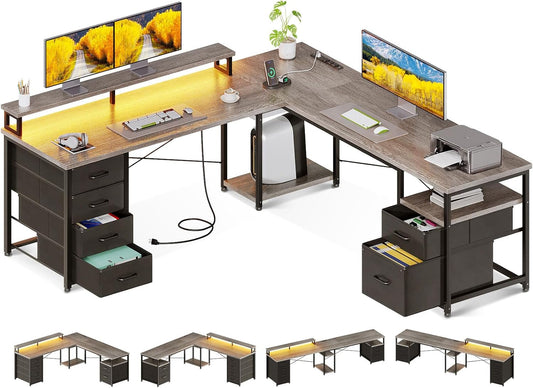 AODK 66" L Shaped Desk, 113" Computer Desk with File Cabinet & 4 Fabric Drawers, Home Office Desk with Monitor Shelf & Power Outlet, Two Person Desk