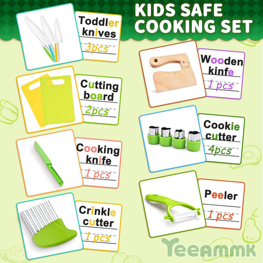 13 Pieces Montessori Kitchen Toys for Toddlers-Kids Cooking Sets Real-Toddler Toys Set for Real Cooking with Plastic Children Safe Knives Crinkle